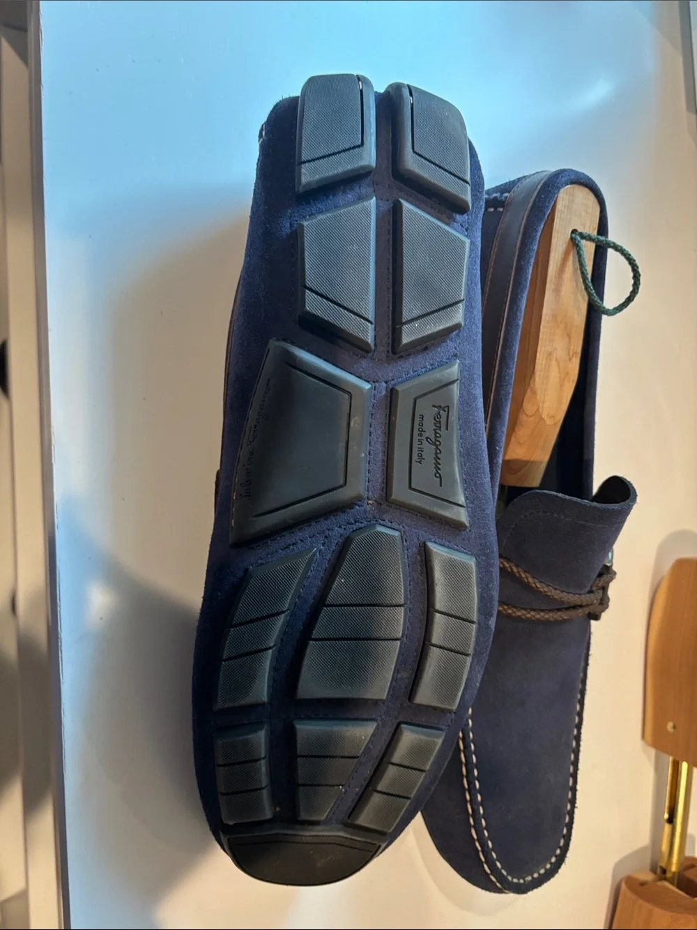 Salvatore Ferragamo Navy Suede Moccasin Loafers with Brown Trim